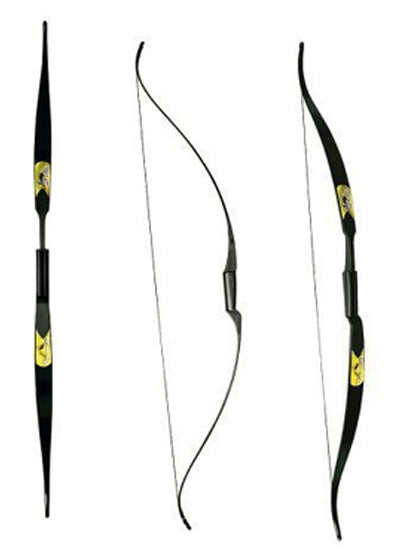 A set of three images showcasing a black one piece recurve bow made from glass-fiber, designed for both right and left-handed users.