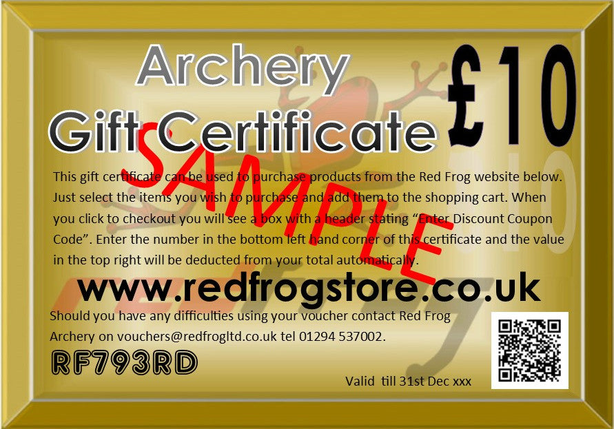 A sample Archery Gift Certificate from Red Frog Archery showing a £10 value.