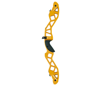 25" black and yellow aluminium riser with an ergonomic grip and cut-out design, suited for barebow and recurve archery.