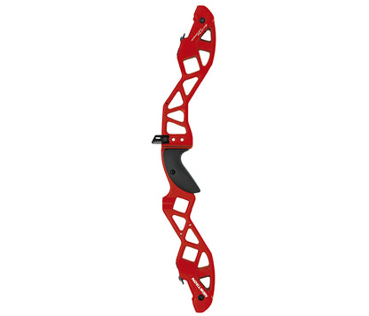 Red aluminum riser with a black grip, featuring an intricate cutout design for lightweight stability.