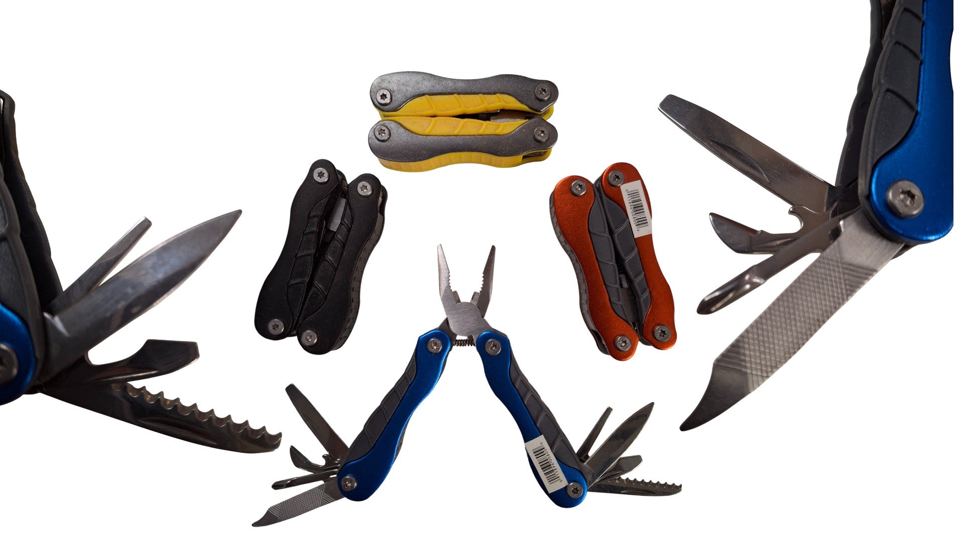 A collage of multiple multi-tool pocket knives in different colors, including blue, black, yellow, and orange, with several tools extended, set against a plain white background.