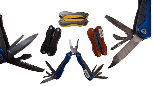 A collage of multiple multi-tool pocket knives in different colors, including blue, black, yellow, and orange, with several tools extended, set against a plain white background.